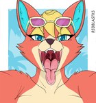 anthro blue_eyes blue_inner_ear bodily_fluids brown_nose countershade_face countershade_neck countershade_torso countershading eyewear eyewear_on_head female front_view fur glasses glasses_on_head imminent_vore looking_at_viewer mouth_shot open_mouth pink_tongue red_body red_fur saliva smile solo sunglasses tan_body tan_countershading tongue uvula redblast animal_crossing nintendo audie_(animal_crossing) canid canine canis mammal wolf digital_drawing_(artwork) digital_media_(artwork) hi_res