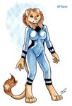 anthro barefoot breasts brown_hair caitian caribou_(artist) chakona_space clothed clothing feet felid female full-length_portrait fur green_eyes hair m'resk mammal pink_nose portrait solo star_trek tail tail_tuft tuft