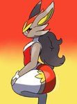 anthro bedroom_eyes butt crouching curled_hair eyelashes female hair half-closed_eyes long_hair looking_at_viewer motion_lines narrowed_eyes ponytail red_eyes seductive smile solo darknsfwindie nintendo pokemon cinderace generation_8_pokemon pokemon_(species) shiny_pokemon hi_res