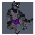 4_toes 5_fingers anthro balls_outline black_body black_claws black_fur black_hair border boxer_briefs bulge cheek_tuft chest_tuft claws clothed clothing cute_fangs detailed_bulge digitigrade eyebrows facial_tuft fangs feet fingers fur genital_outline grey_background grey_body grey_ears grey_fur grey_inner_ear grin hair looking_at_viewer male multicolored_ears neck_tuft partially_clothed purple_clothing purple_eyes purple_underwear sheath_outline simple_background smile solo teeth toe_claws toes tuft two_tone_ears underwear white_border gaokun alex_nightmurr canid canine canis mammal wolf 1:1 2019 hi_res watermark