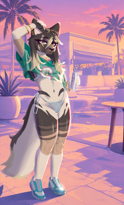 anthro beverage_can bikini bikini_bottom bikini_top bracelet clothing crop_top ear_piercing eyewear eyewear_on_head facial_piercing female footwear fur gold_(metal) gold_jewelry jewelry lip_piercing navel necklace nose_piercing palm_tree piercing plant shirt shoes sneakers solo striped_body striped_fur stripes sunglasses sunglasses_on_head sunset swimming_pool swimsuit_under_clothing swimwear topwear tree two-piece_swimsuit wearing_sunglasses kodajackal grand_theft_auto miami_vice rockstar_games koda_(kodajackal) canid canine canis jackal mammal side-striped_jackal hi_res