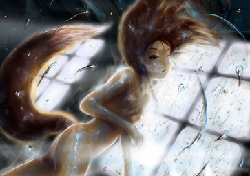 bath breasts brown_hair casual_nudity dutch_angle female hair long_hair nude one_eye_closed open_mouth red_eyes small_breasts solo splash tail water wet window wink wolf_tail young trapwoods spice_and_wolf holo_(spice_and_wolf) animal_humanoid canid canid_humanoid canine canine_humanoid canis humanoid mammal mammal_humanoid wolf wolf_humanoid