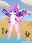 anthro beach cactus desert desert_background female fur grin hair holding_hips long_hair oasis partially_submerged pink_body pink_fur plant purple_eyes purple_hair pyramid scorpion_tail shallow_water smile solo standing symbol_on_belly water white_body white_fur wings young young_anthro young_female silavos silicia arachnid arthropod canid canine chimera felid feline fox mammal scorpion 3:4 hi_res watermark