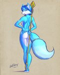 accessory anthro blue_body blue_eyes blue_hair breasts butt crown feet female furgonomics hair headgear jewelry looking_back nude nude_female smile solo staff tail tail_accessory tail_bracelet tail_jewelry tiara white_body sum5hadow nintendo star_fox starfox_adventures krystal_(star_fox) canid canine fox mammal 4:5 absurd_res hi_res