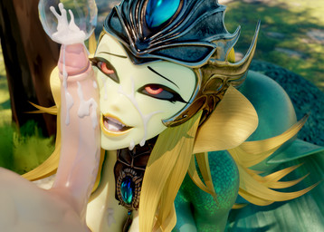 after_oral arm_fin armor bodily_fluids breasts bubble crown cum cum_in_mouth cum_inside cum_on_breasts cum_on_face cum_on_penis duo ejaculation erection eyelashes female fin genital_fluids genitals gorget green_body green_skin head_fin headgear humanoid_genitalia humanoid_penis looking_at_another male male/female outside penis red_eyes smile split_form teeth 777bronzestar samzan_(modeler) blender_cycles league_of_legends riot_games tencent nami_(lol) humanoid marine merfolk 3d_(artwork) blender_(artwork) digital_media_(artwork) hi_res