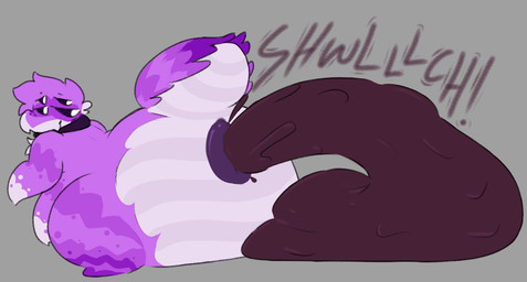 4_arms 4_eyes ambiguous_gender anthro anus butt collar excessive_feces feces feces_on_ground feces_pile gloves_(marking) grey_background hyper hyper_feces hyper_feces_pile looking_back_at_self male_pooping markings multi_arm multi_eye multi_limb pooping purple_body scatplay simple_background solo sound_effects text white_body goopysecrets arachnid arthropod spider