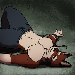 anthro bottomwear bracelet clothing jewelry looking_up lying male muscular nipples on_back pants rope shirtless solo raccoon_mints echo_(game) echo_(series) echo_project leo_alvarez canid canine canis mammal wolf absurd_res album_cover cover hi_res redraw