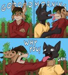 anthro asphyxiation black_body black_fur black_hair choking clothing dialogue duo ears_up eyes_closed face_lick fence fur green_eyes green_hair hair hand_on_arm holding_another licking looking_at_another male male/male meme_face meme_pose multi_panel open_mouth plant red_clothing red_shirt red_topwear shirt sky strangling teeth teeth_showing text tongue tongue_out topwear tree yellow_clothing yellow_shirt yellow_topwear yuka_koshka kr_the_lynx max_damage_(furry) canid canine felid feline lynx mammal hi_res meme