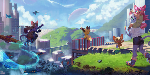 age_difference amazing_background anthro blue_eyes blue_sky carrying_another city cityscape cloud day detailed_background female frutiger_aero fur future grass group hair kemono male moon on_shoulders on_top on_top_of pink_hair plant realistic_lighting realistic_shading riding scenery_porn size_difference sky smaller_on_top straddling sunny yellow_body yellow_fur aruurara hashimoto-chan momo_(aruurara) navel_(aruurara) canid canine domestic_cat felid feline felis fox mammal mouse murid murine rodent detailed digital_media_(artwork) hi_res