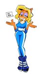 anthro blonde_hair blue_eyes boots clothing eyes_closed female footwear gesture hair half-closed_eyes jumpsuit markings mole_(marking) narrowed_eyes shoes shrug simple_background solo white_background herny activision crash_bandicoot_(series) crash_team_racing_(series) crash_team_racing_nitro-fueled isabella_bandicoot bandicoot mammal marsupial absurd_res hi_res