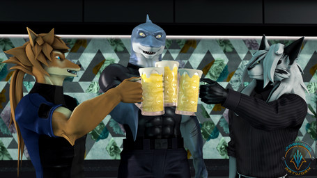 5_fingers alcohol anthro beer beverage black_body black_fur blonde_hair blue_body blue_eyes blue_skin bottomwear clothing container costume cup fingers fur green_eyes group hair holidays humanoid_hands inside long_hair male multicolored_body multicolored_fur pale_eyes pants smile topwear trio white_body white_fur yellow_body yellow_fur xpasha122x alan_(petruz) hammerhead_(petruz) jaclak tiangou_(petruz) canid canine canis domestic_dog fish mammal marine shark wolf 16:9 3d_(artwork) 4k absurd_res digital_media_(artwork) hi_res widescreen
