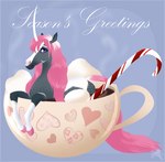 2022 ambiguous_gender candy candy_cane container cup curved_horn dessert digital_media_(artwork) english_text equid equine facial_markings feral fluffymare food hair head_markings hooves horn looking_at_viewer mammal mane markings marshmallow multicolored_body mythological_creature mythological_equine mythology partially_submerged pink_hair pink_mane pink_tail raeni simple_background smile solo tail text two_tone_body unicorn