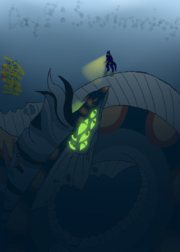 ambiguous_gender anthro duo feral flashlight glowing glowing_eyes looking_down macro male micro staring_up thalassophobia lyrical_impressions_(artist) fish_(lyrical_impressions) aquatic eel fish flying_fish absurd_res digital_media_(artwork) hi_res