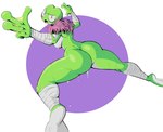 abstract_background absurd_res amphibian anthro big_butt biped breasts bubble_butt butt double_finger_gun female fighting_pose finger_gun frog gesture green_body hand_gesture hi_res huge_butt membrane_(anatomy) mostly_nude noirchaton4 open_mouth pose rear_view side_boob small_waist solo thick_thighs tree_frog webbed_hands wet wet_body white_body yellow_eyes
