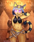 anthro blue_hair blue_lips breasts egyptian erect_nipples female fur glowing glowing_eyes hair hieroglyphics inside lips nipple_outline nipples purple_eyes pyramid ring_(jewelry) screencap screencap_background solo yellow_body yellow_fur rubybatfox animal_crossing ankha_zone nintendo ankha_(animal_crossing) domestic_cat felid feline felis mammal 4:5 hi_res signature