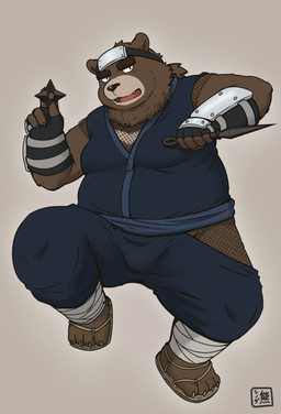 action_pose anthro bulge clothing dagger fishnet_clothing front_view grey_background holding_object holding_weapon kunai looking_at_viewer male melee_weapon moobs ninja open_mouth overweight overweight_anthro overweight_male pose ranged_weapon shuriken simple_background solo warrior weapon shinoda_hamazaki bear black_bear mammal moon_bear ursine absurd_res hi_res signature