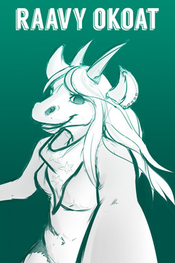 anthro ear_piercing eyelashes female hair horn kerchief long_hair looking_at_viewer navel neckerchief neckwear open_mouth open_smile piercing sharp_horn smile solo yookie giraffid mammal okapi green_and_white hi_res monochrome