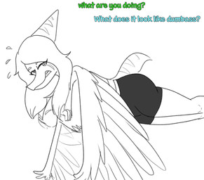 anthro bone_frill bottomwear clothing crossed_arms dialogue elbow_feathers exercise eyelashes feathered_wings feathers female frill_(anatomy) hair long_hair offscreen_character push-up short_tail shorts snout solo tail text wings arsenic_iii cavemanon_studios goodbye_volcano_high ko_op_(game_developer) snoot_game fang_(gvh) prehistoric_species pterosaur reptile scalie 2025 english_text hi_res monochrome
