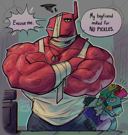 anthro bandage bandaged_arm bandaged_neck behind_another blue_body blue_fur bodily_fluids bottomwear clothing crossed_arms dialogue dog_tag_necklace dog_tags duo fast_food_restaurant first_person_view fur hair horn logo looking_at_viewer male mohawk multicolored_hair muscular muscular_anthro muscular_arms muscular_male pants pecs pinata pink_body pink_fur rainbow_hair shirt smile smirk speech_bubble sweat sweatdrop sweater tank_top teeth text topwear tufted_fur wraps its_coldpizza asked_for_no_pickles epic_games fortnite bash_(fortnite) lt._john_llama animate_inanimate camelid living_pinata llama mammal absurd_res artist_logo english_text hi_res