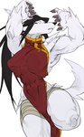 abs action_pose anthro arm_tuft armpit_hair arms_above_head asian_clothing bandage bandaged_leg biped black_hair body_hair breasts chinese_clothing chinese_dress claws clothing dress east_asian_clothing female fur hair kemono long_hair looking_at_viewer muscular muscular_anthro muscular_female nipple_outline paws pose shoulder_tuft simple_background solo tail tuft white_background white_body white_fur quququl canid canine mammal absurd_res digital_media_(artwork) hatching_(art) hi_res shaded