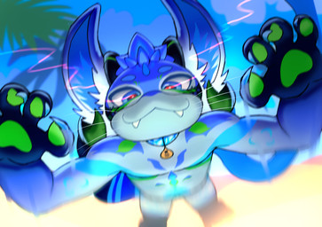 action_pose anthro claws collar collar_tag cute_fangs fangs glowing glowing_eyes incoming_attack jumping looking_at_viewer male motion_blur pose pounce smile smiling_at_viewer solo teeth kuro0m aqua_(hydro19) lumistera hi_res