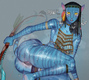 big_butt black_hair blue_body bottomwear bow_(weapon) breasts butt clothed clothing female hair headdress heart_symbol loincloth nipples nipples_visible_through_clothing pose ranged_weapon revealing_outfit seductive simple_background skimpy slim solo steam striped_body stripes tail thick_thighs tribal tribal_clothing weapon wet wet_body yellow_eyes minicop2001 james_cameron's_avatar neytiri alien humanoid na'vi hi_res