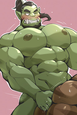abs ambiguous_penetration beard biceps big_muscles black_hair blush bodily_fluids clenched_teeth doggystyle duo facial_hair from_behind_position green_body green_skin hair hand_on_butt male male/male motion_lines muscular muscular_humanoid muscular_male nipples one_eye_closed orange_body orange_skin pecs penetration ponytail sex simple_background sweat teeth thrusting tusks maldu humanoid orc absurd_res hi_res