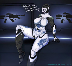 5_fingers alternate_breast_size big_breasts biped black_eyes blue_markings breasts butt dialogue featureless_breasts female fingers front_view genitals glint head_turned looking_at_viewer machine markings metallic_body mouthless noseless not_furry nude one_leg_up plantigrade pupils raised_leg sitting solo talking_to_viewer text thick_thighs vulva white_body white_pupils wide_hips runawaystride bungie destiny_(series) destiny_2 ada-1 exo humanoid robot robot_humanoid 2021 cel_shading digital_media_(artwork) english_text full-length_portrait hi_res portrait shaded simple_shading