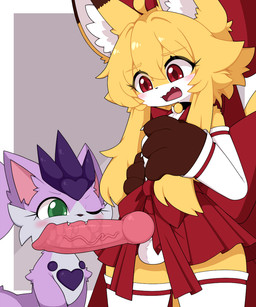 animal_genitalia animal_penis anthro asian_clothing balls blush canine_genitalia canine_penis clothing crossgender duo east_asian_clothing ftg_crossgender fti_crossgender genitals gynomorph intersex japanese_clothing miko_outfit penis penis_in_mouth vein veiny_penis km-15 lumen_(km-15) miu_(feeshyartist) canid canine felid feline fox mammal philikkahn female_(lore)