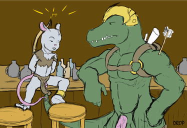 age_difference angry anklet anthro armor arrow_(weapon) arrowed assisted_exposure athletic bar black_eyes bottle bottomwear bow_(weapon) buckteeth circumcised clothed clothing container detailed_background dot_eyes duo flaccid fur furniture genitals green_body green_scales hands_behind_back headgear helmet humanoid_genitalia humanoid_penis jewelry loincloth male male/male navel one_eye_closed penis pink_nose prehensile_tail ranged_weapon scales sharp_teeth shirt simple_eyes sitting size_difference sound_effects standing stool tail teeth text topwear torn_clothing unconvincing_armor undressing weapon white_body white_fur young unknown_artist crocodile crocodilian mammal mouse murid murine reptile rodent scalie english_text source_request