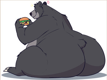anthro big_butt bodily_fluids burger butt drooling food fur grey_body grey_fur heart_symbol holding_food holding_object huge_butt male nude overweight overweight_male rear_view saliva simple_background sitting smile solo tail tail_tuft tuft razigator disney the_jungle_book baloo bear mammal hi_res