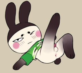 anthro bottomless butt chibi clothed clothing genitals legs_up looking_at_viewer lying male on_back penis presenting presenting_hindquarters solo binkybnuuy animal_crossing nintendo genji_(animal_crossing) lagomorph leporid mammal rabbit