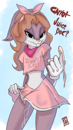 anthro bodily_fluids bottomwear brown_hair buckteeth clothed clothing clothing_lift crop_top crossdressing cum ejaculation femboy genital_fluids hair looking_at_viewer male shirt skirt skirt_lift solo teasing teasing_viewer teeth topwear darkfang100 looney_tunes warner_brothers bugs_bunny lagomorph leporid mammal rabbit absurd_res hi_res