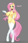 2016 absurd_res anthro anthrofied armwear big_breasts breasts clothed clothing collar colored dialogue elbow_gloves english_text equid equine feathered_wings feathers female fluttershy_(mlp) friendship_is_magic gloves grey_background hair hand_behind_back handwear hasbro heart_symbol hi_res leash legwear long_hair looking_at_viewer mammal my_little_pony mythological_creature mythological_equine mythology nipples open_mouth pegasus pink_hair playing scorpdk simple_background solo teal_eyes text thigh_highs topless wings yellow_body yellow_feathers