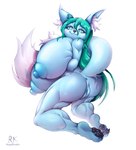 anthro anus big_breasts big_nipples blue_body blue_eyes breasts butt ears_up female fluffy fluffy_ears fluffy_tail front_view genitals green_hair hair huge_breasts hyper hyper_breasts nipples pussy simple_background solo tail white_background regakoala bloodjal canid canine fox mammal hi_res