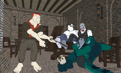 5_fingers 5_toes anthro barefoot bdsm black_bottomwear black_claws black_clothing black_eyes black_pants black_shirt black_topwear blue_body blue_bottomwear blue_clothing bottomwear bow_(feature) bow_tie brick brick_wall brown_bottomwear brown_clothing brown_pants chair christmas_clothing christmas_headwear claws cleaning_tool clothed clothing collared_shirt countershading dominant dominant_male dungeon eyes_closed feet fingers foot_fetish foot_focus foot_play fully_clothed fur furniture green_body green_clothing green_scales grey_body grey_clothing group hat headgear headwear holidays humanoid_feet humanoid_hands inside kneeling laugh looking_at_another male male/male male_anthro multicolored_body multicolored_fur muscular muscular_anthro muscular_male open_mouth open_smile pants plantigrade red_bow red_clothing restrained restraints santa_hat scales sharp_teeth shirt sitting smile soles standing stocks submissive submissive_male table tail teeth tickle_fetish tickle_torture tickling tickling_feet toe_claws toes tongue topless topwear vest wall_(structure) white_body white_clothing white_feet white_fur white_shirt white_topwear patoso christmas nintendo pokemon alligator alligatorid bear crocodilian generation_1_pokemon giant_panda lizard machoke mammal pokemon_(species) polar_bear reptile scalie ursine hi_res signature