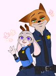 anthro belt bottomwear buckteeth bunny_ears_(gesture) clothed clothing dipstick_ears duo ear_markings ears_down fully_clothed fur gesture grey_body grey_fur multicolored_ears necktie open_mouth open_smile pants pivoted_ears police police_uniform shirt simple_background smile teeth topwear uniform waving puki disney zootopia judy_hopps nick_wilde canid canine fox lagomorph leporid mammal rabbit red_fox true_fox 2016 hi_res