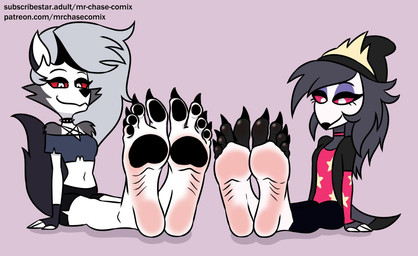 4_toes anthro barefoot claws duo feet female foot_focus humanoid_feet pawpads plantigrade red_sclera smile soles text toe_claws toes wrinkled_feet wrinkles mrchasecomix hellaverse helluva_boss mythology loona_(helluva_boss) octavia_(helluva_boss) avian bird canid canid_demon canine demon hellhound mammal mythological_canine mythological_creature owl owl_demon url