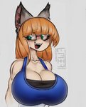 big_breasts blonde_hair blue_clothing blue_shirt blue_topwear breasts cleavage cleavage_overflow clothed clothing eyebrows female green_eyes hair huge_breasts looking_aside open_mouth shirt simple_background smile solo tank_top topwear zer0ember animal_humanoid cat_humanoid felid felid_humanoid feline feline_humanoid humanoid mammal mammal_humanoid half-length_portrait portrait