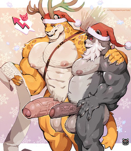 abs anthro balls barazoku biceps big_muscles big_penis black_body black_fur black_lips christmas_clothing christmas_headwear clothing duo erection fake_antlers fake_beard fake_horns foreskin fur genitals hat hat_only headgear headgear_only headwear headwear_only holidays humanoid_genitalia humanoid_penis lips male male/male mostly_nude muscular muscular_anthro muscular_male nipples pecs penis santa_hat side_by_side smile text vein veiny_penis punktoso christmas boss_(punktoso) punk_(punktoso) bear felid jaguar mammal pantherine digital_media_(artwork) hi_res url