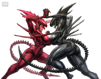 big_breasts black_body breasts female female/female multi_arm multi_limb non-mammal_breasts red_body sharp_teeth simple_background teeth white_background kory_cromie alien_(franchise) alien xenomorph xenomorph_queen hi_res