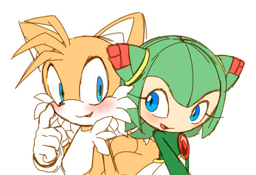 2_tails anthro blue_eyes blush clothed clothing dipstick_tail dress duo female fur gloves green_hair hair handwear looking_at_another male male/female markings multi_tail multicolored_body multicolored_fur open_mouth open_smile plant romantic shy smile standing tail tail_markings touching_cheek two_tone_body two_tone_fur white_body white_fur yellow_body yellow_fur pokunchan sega sonic_the_hedgehog_(series) sonic_x cosmo_the_seedrian miles_prower canid canine elemental_creature flora_fauna fox humanoid mammal seedrian 2013 digital_drawing_(artwork) digital_media_(artwork)
