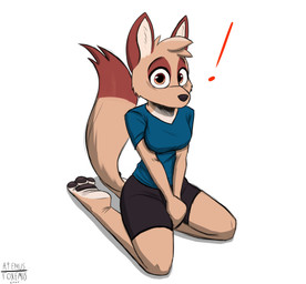3_toes anthro barefoot black_bottomwear black_clothing black_eyebrows black_nose black_pawpads black_shorts black_text blue_clothing blue_shirt blue_t-shirt blue_topwear bottomwear breasts brown_body brown_ears brown_eyes brown_fur brown_markings brown_tail_tip clothed clothed_anthro clothed_female clothing countershade_feet countershade_torso countershading covering covering_crotch dipstick_tail exclamation_point eye_markings eyebrows feet female female_anthro fully_clothed fully_clothed_anthro fully_clothed_female fur hands_together head_tuft hindpaw iris kneeling light long_tail looking_at_viewer markings medium_breasts monotone_bottomwear monotone_clothing monotone_shirt monotone_shorts monotone_t-shirt monotone_topwear mouth_closed multicolored_body multicolored_eyes multicolored_fur orange_eyes pawpads paws plantigrade plantigrade_pawpads pupils shadow shirt shorts simple_background solo t-shirt tail tail_markings tan_body tan_fur tan_tail tan_tuft text three-quarter_view toes topwear tuft two_tone_eyes white_background white_body white_countershading white_fur white_inner_ear white_sclera wide_eyed a9ymus syl_(enginetrap) canid canine canis jackal mammal 2024 absurd_res artist_name dated digital_media_(artwork) english_description full-length_portrait hi_res lighting portrait shaded
