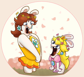 anthro bangs blonde_hair blue_ear_piercing blue_eyes brown_hair cellphone clothed clothed_anthro clothed_female clothing dress duo electronics eye_contact featureless_feet feet female female_anthro flower flower_crown flower_ear_piercing fur hair holding_cellphone holding_object holding_phone larger_anthro larger_female lidded_eyes light long_ears long_hair looking_at_another mitten_hands muscular muscular_anthro muscular_female noseless open_mouth open_smile orange_clothing orange_dress petals phone pink_clothing pink_shirt pink_topwear plant red_tongue shirt size_difference smaller_anthro smaller_female smile smiling_at_another smiling_at_each_other standing tan_body tan_eyelids tan_inner_ear tan_skin tongue topwear white_body white_fur insert-thenewbl-here mario_bros mario_plus_rabbids_kingdom_battle nintendo raving_rabbids rayman_(series) ubisoft fan_character rabbid_daisy rabbid_peach lagomorph mammal rabbid 2024 colored crossover digital_drawing_(artwork) digital_media_(artwork) english_description lighting shaded