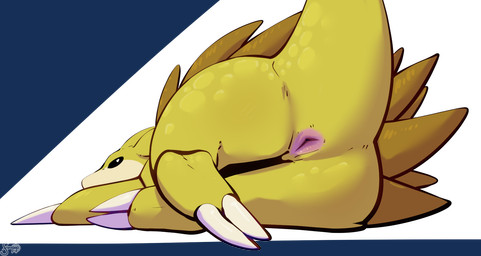 2_toes ambiguous_gender anus black_sclera butt claws feet feral lying nude on_side presenting presenting_anus raised_tail simple_background solo tail toes transparent_background yellow_body fizzpop nintendo pokemon generation_1_pokemon pokemon_(species) sandslash alpha_channel hi_res signature