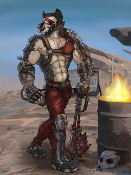 anthro armor armored_boots axe black_sclera bone chain clothing covered_in_blood day desert fur gauntlets gloves handwear hatchet male markings mask multicolored_body multicolored_fur muscular muscular_male outside pupils skull solo spots spotted_body spotted_fur vein veiny_muscles weapon wearing_mask white_pupils masongreen 2k_games borderlands hyena mammal absurd_res hi_res huge_filesize