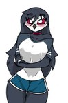 anthro blush bottomwear breasts clothed clothing female shirt shorts simple_background small_waist solo thick_thighs topwear white_background wide_hips pace-maker helluva_boss octavia_(helluva_boss) avian bird demon owl owl_demon 2024 digital_media_(artwork)