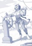 2014 4_toes anthro barefoot belt biped breasts canid canine claws cleavage clothed clothing detailed_background digital_media_(artwork) feet female hair long_hair mammal melee_weapon monochrome pirate smile smirk solo spyglass sword toe_claws toes weapon wolfy-nail
