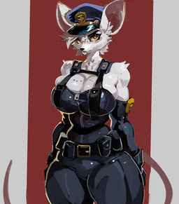 anthro armwear belt big_breasts black_armwear black_clothing black_elbow_gloves black_gloves black_handwear breasts buckteeth cleavage clothed clothed_anthro clothed_female clothing elbow_gloves female freckles fur gloves hair handwear looking_at_viewer orange_eyes police police_officer solo tail teeth thick_thighs wearing_hat white_body white_fur white_hair wide_hips yellow_sclera murlbius officer_flint_(foresttherotten) mammal murid murine rat rodent 2025 hi_res