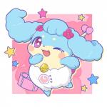 anthro blue_body blue_fur blush blush_stickers clothed clothing eyelashes female flower fur looking_at_viewer one_eye_closed open_mouth open_smile plant purple_eyes semi-anthro smile solo star wink mei_(artist) himitsu_no_cocotama kanna_(cocotama) canid canine cocotama mammal 1:1